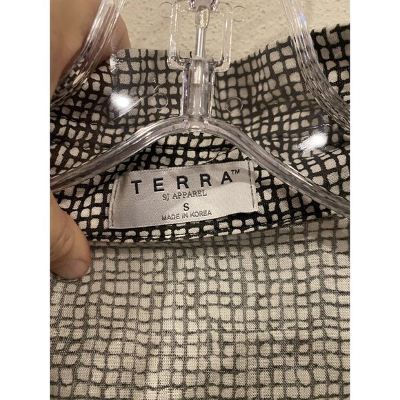 Terra Top Womens Small Black White Grid Button Front 3/4 Sleeve Cotton Rayon - Picture 3 of 6